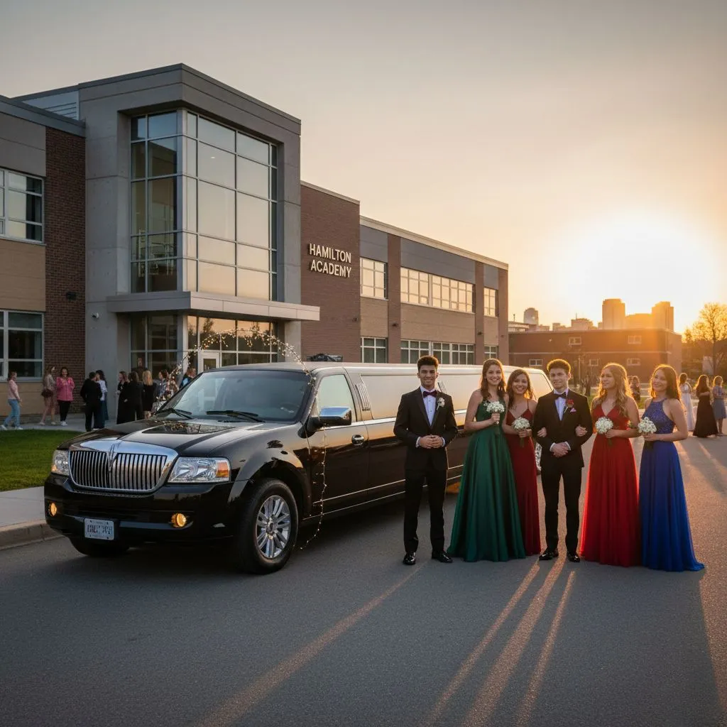 Luxury black stretch limousine for prom night in Hamilton with students posing before the event.