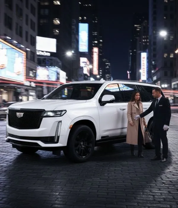 Ultra-realistic night photo of a white Cadillac Escalade SUV (Pue Hamilton Limo fleet) parked outside a luxury hotel, featuring a professional chauffeur in a black suit opening the passenger door for premium VIP service and executive travel.