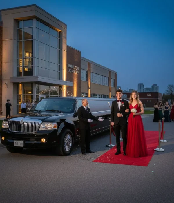 Prom couple stepping out of a limo at a Hamilton banquet hall with a chauffeur and red-carpet style welcome.