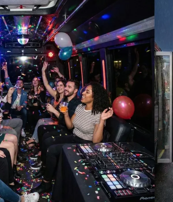 Group enjoying a night out inside a large party bus in Hamilton Ontario.