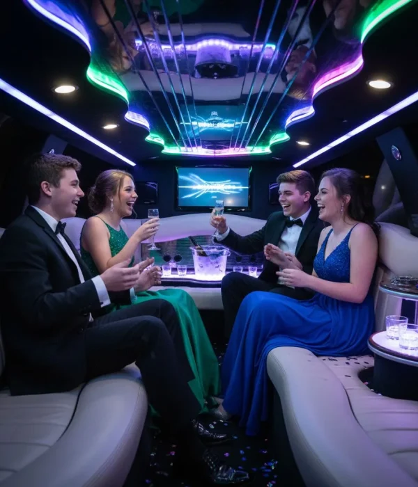 Elegant prom limo Service in Hamilton featuring LED lights, leather seating, and students enjoying their ride.